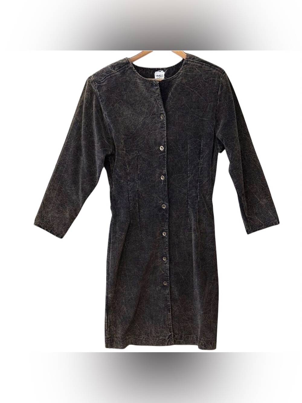 Vintage Dark Brown Acid Wash Corduroy Button-Down Dress Shoulder Pads 80s 90s